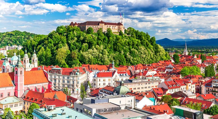 Ljubljana. Beautiful cities of Europe - charming, capital of Slovenia, panoramic view with old town and castle.
